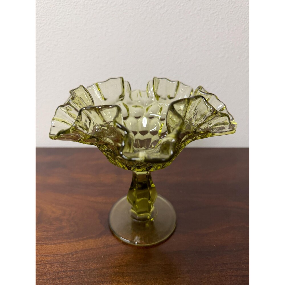 Vintage Fenton Colonial Green Thumbprint Compote Ruffled Pedestal Bowl 1960s